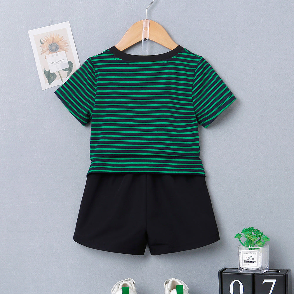 Toddler Kids Boys Green Striped Short Sleeve T-shirt and Shorts Set - PrettyKid
