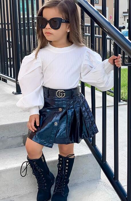 Toddler Kids Girls Solid Color Round Neck Knit Top PU Leather Skirt - PrettyKid