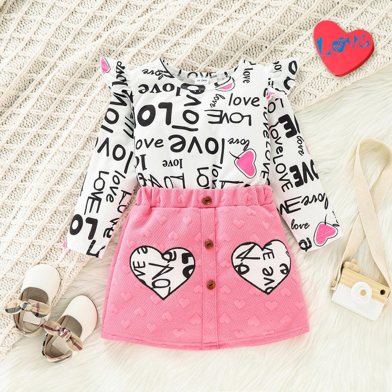 Toddler Kids Girl Long Sleeve Letter Printed Love Hip Wrap Skirt Valentine's Day Suit - PrettyKid