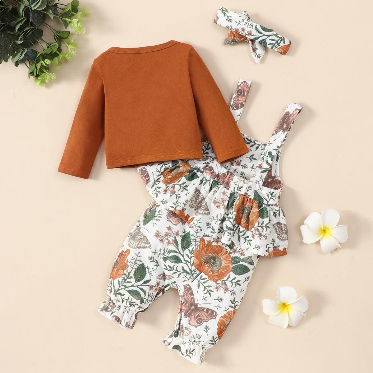 Toddler Girl Solid Color Round Neck Long Sleeve Top Flower Print Suspender Pants Set - PrettyKid