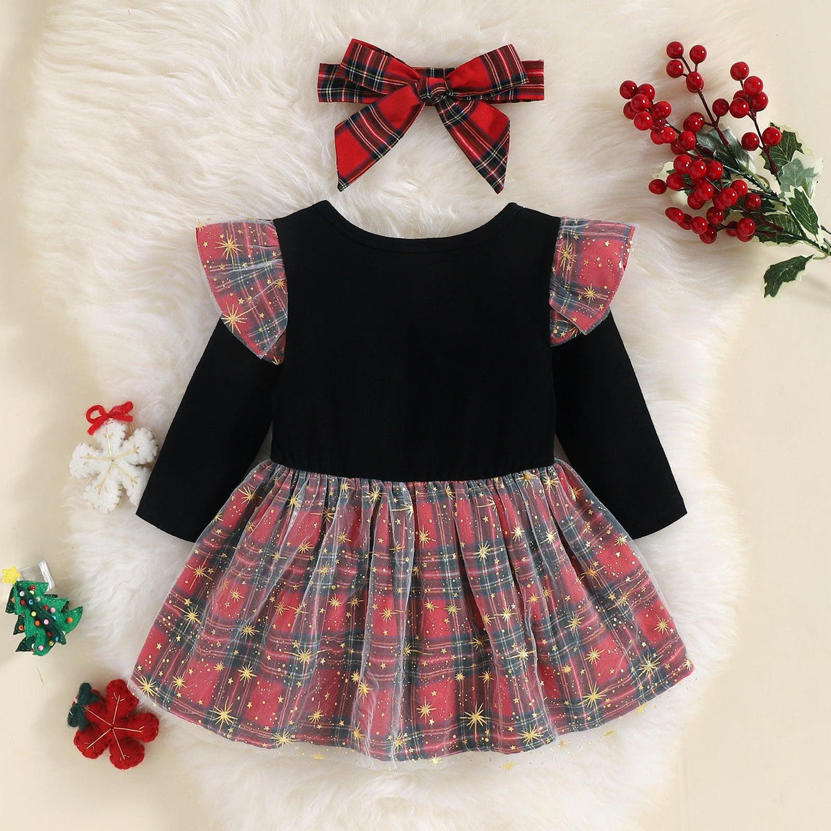 Baby Girls Christmas Dress Fawn Plaid Mesh Bow Dress - PrettyKid