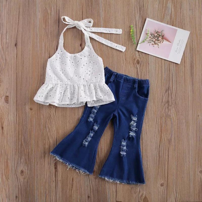 Kids Girls' Sling Sleeveless Hollow Vest Split Loose Flared Trousers Set Wholesale Little Girl Clothing - PrettyKid