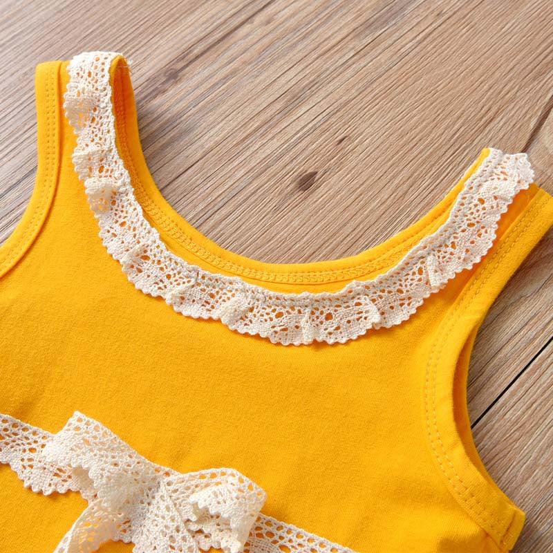 Toddler Kids Girl Solid Sleeveless Lace Patchwork Top Print Flared Pants Set - PrettyKid