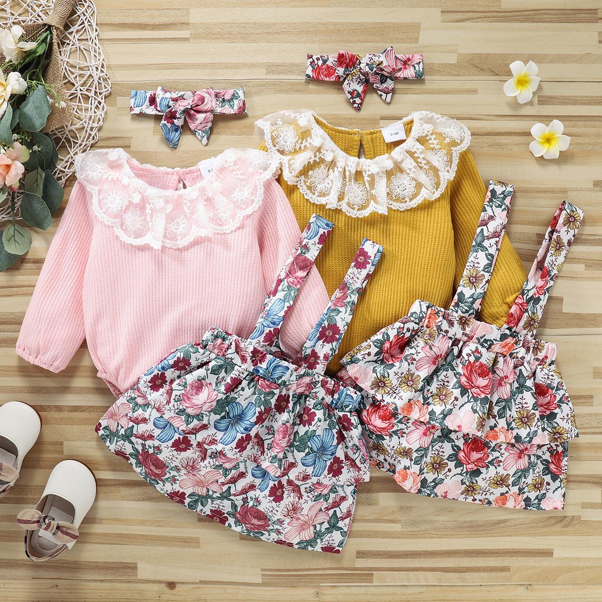 Baby Girls Lace Collar Long Sleeve Jumpsuit Flower Strap Skirt - PrettyKid