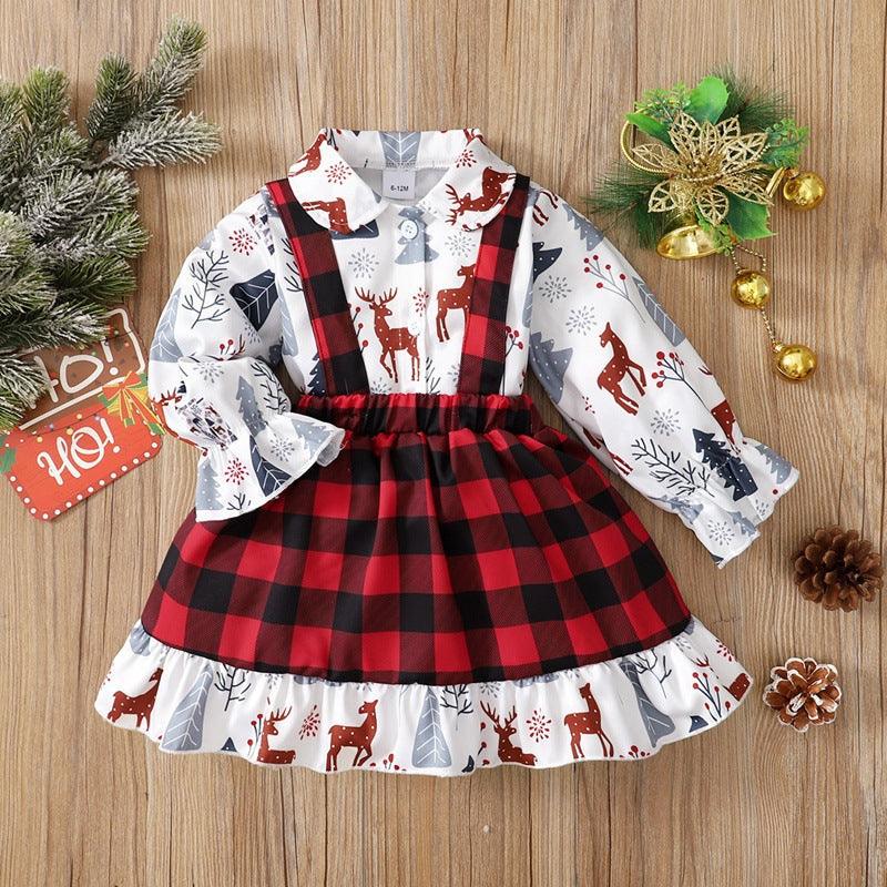 Toddler Kids Girls Cartoon Christmas Printed Long Sleeve Top Red Plaid Suspender Skirt Set - PrettyKid