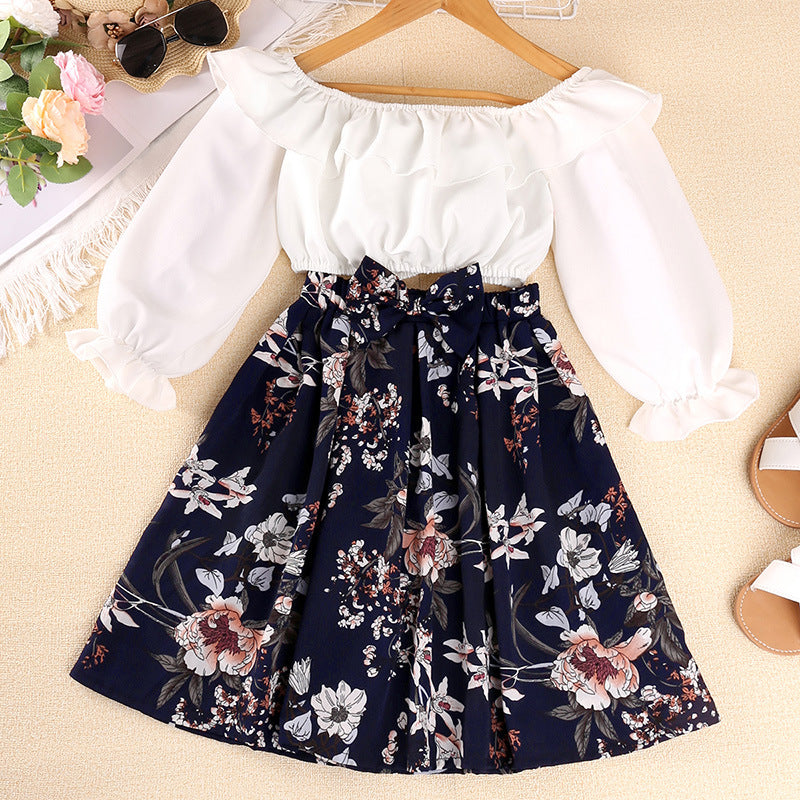 Kids Girls Solid Color Large Neckline Long Sleeve Top Floral Print Half Skirt Set - PrettyKid