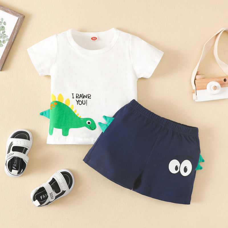 Toddler Boys Solid Color Cartoon Dinosaur Letter Printed Short Sleeved Shirt Shorts Set - PrettyKid