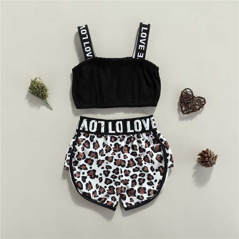 Toddler Kids Girls Solid Color Halter Top Leopard Print Shorts Set - PrettyKid