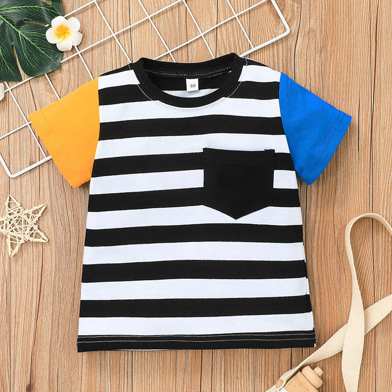 Toddler Kids Boys Color Combination Striped Short-sleeved T-shirt Solid Color Shorts Set - PrettyKid