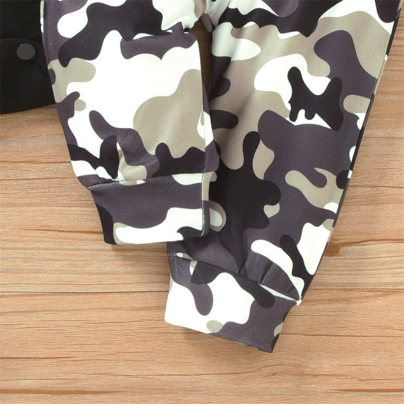 Baby Boys Solid Color Glasses Letter Printing Long Sleeve Romper Camouflage Trousers Hat Set - PrettyKid