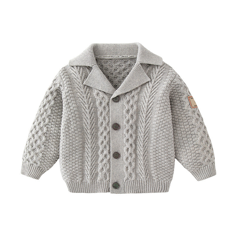 Baby Boys Solid Color Simple Patch Twist Knit Lapel Cardigan Jacket - PrettyKid