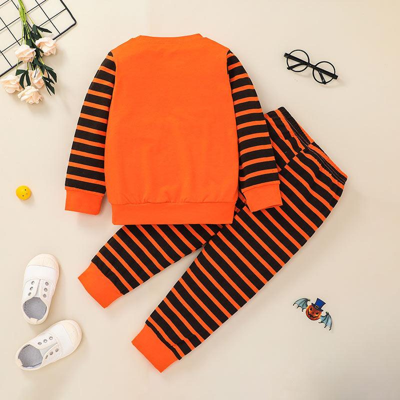 Toddler Kids Halloween Pumpkin Print Striped Long-sleeved Top Trouser Suit Children Clothing Vendors - PrettyKid