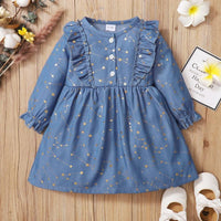 Toddler Kids Girls Solid Star Print Denim Long Sleeve Dress - PrettyKid