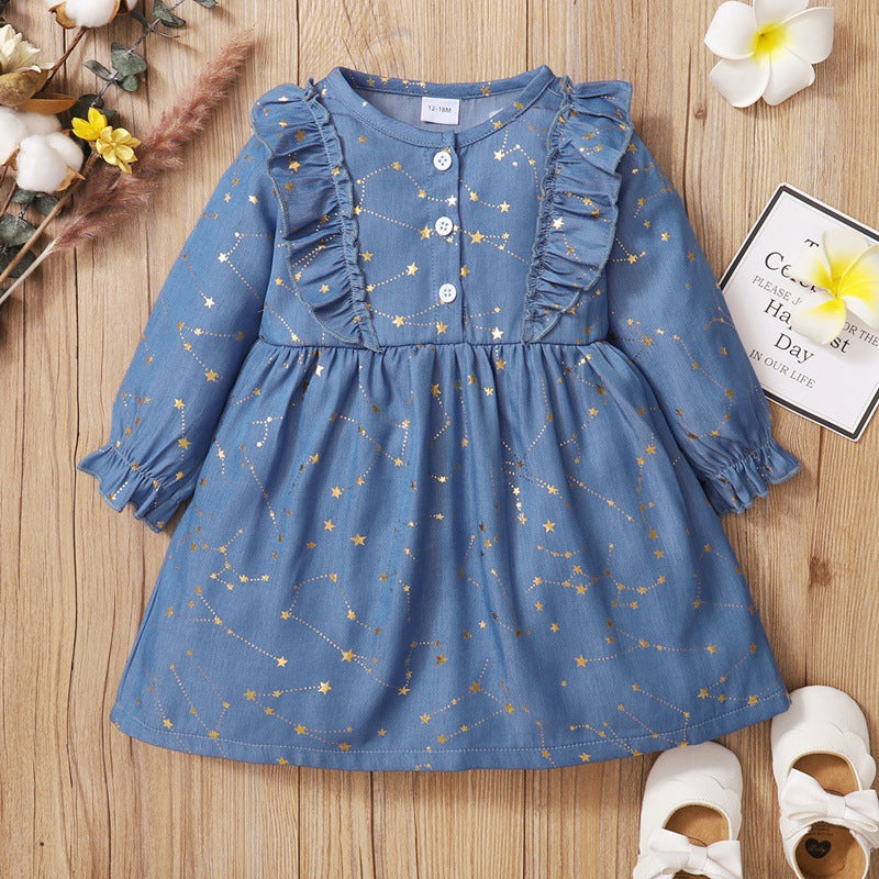 Toddler Kids Girls Solid Star Print Denim Long Sleeve Dress - PrettyKid