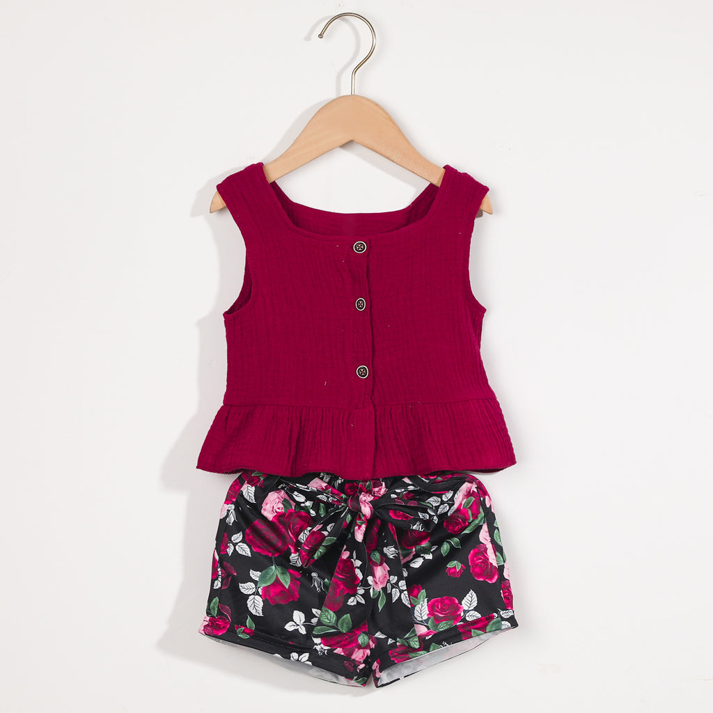 Toddler Kids Girls Burgundy Sleeveless Button Tank Top Flower Print Shorts Set - PrettyKid