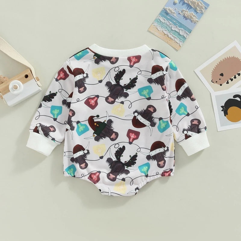 Baby Boys Girls Cartoon Bull Head Animal Print Long-sleeved Jumpsuit - PrettyKid