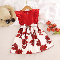 Girls' New Summer Printed Patchwork Dress Korean Version Flying Sleeve Foreign Skirt