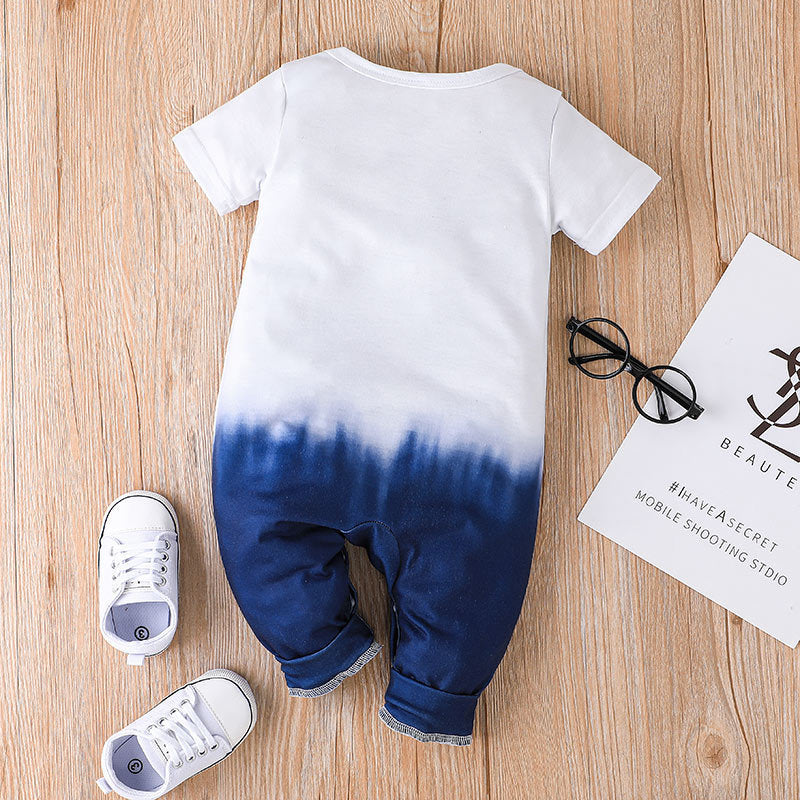 Baby Boys Solid Color Cartoon Letter Printed Short Sleeved Jumpsuit - PrettyKid