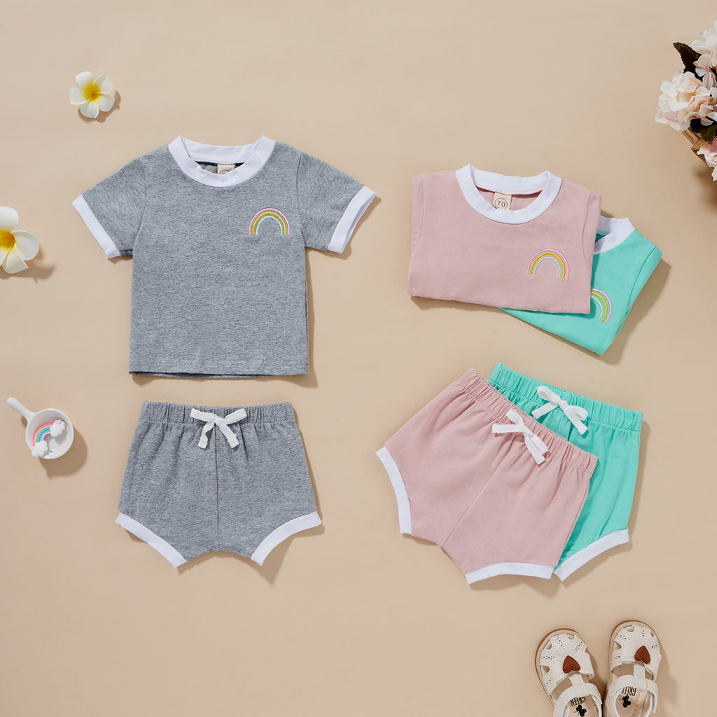 Baby Girls Boys Solid Color Rainbow Embroidery Short Sleeved Shirt Shorts Set - PrettyKid