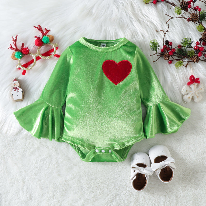 Baby Girls Solid Color Love Embroidery Jumpsuit Flared Pants Christmas Set - PrettyKid
