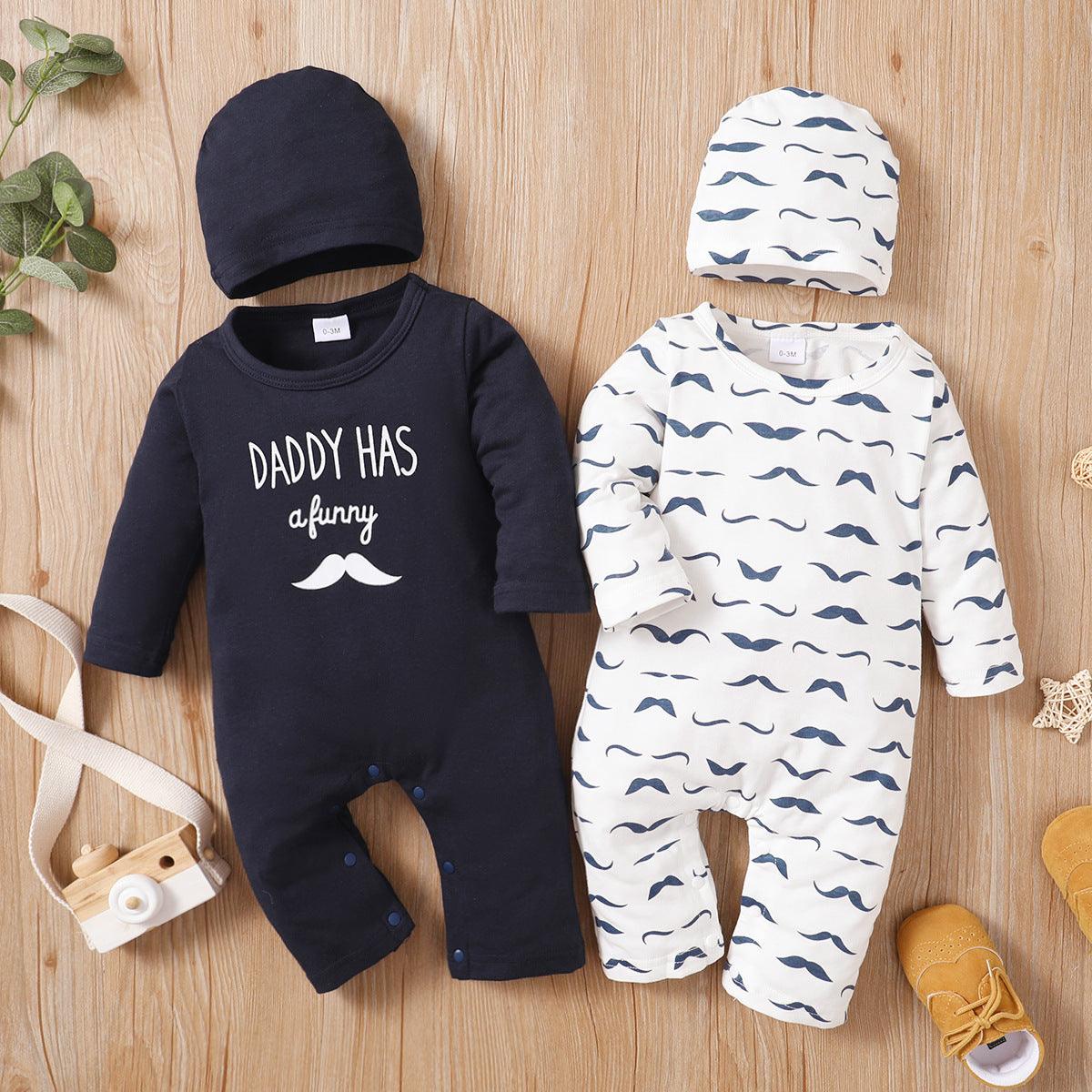 Baby Boys Solid Letter Cartoon Moustache Printed Long Sleeve Jumpsuit Hat Set - PrettyKid