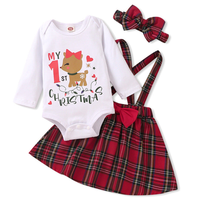 Baby Girls Solid Christmas Print Long Sleeve Bodysuit Plaid Strap Dress Set - PrettyKid