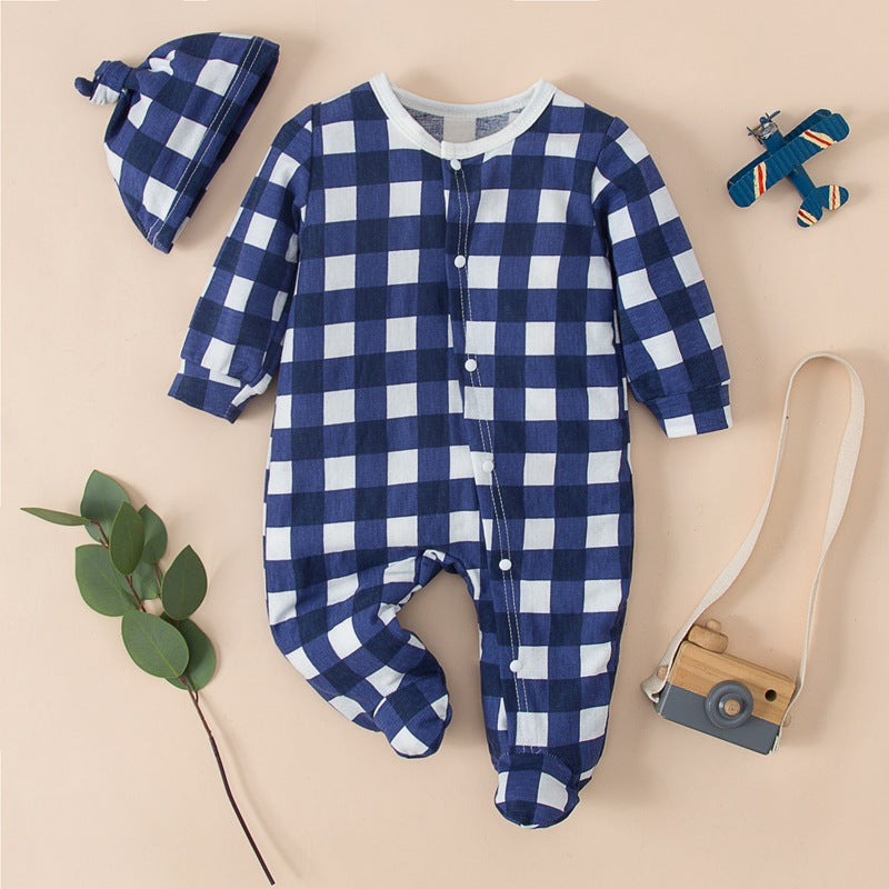 Baby Blue and White Plaid Long Sleeve Diagonal Jumpsuit - PrettyKid