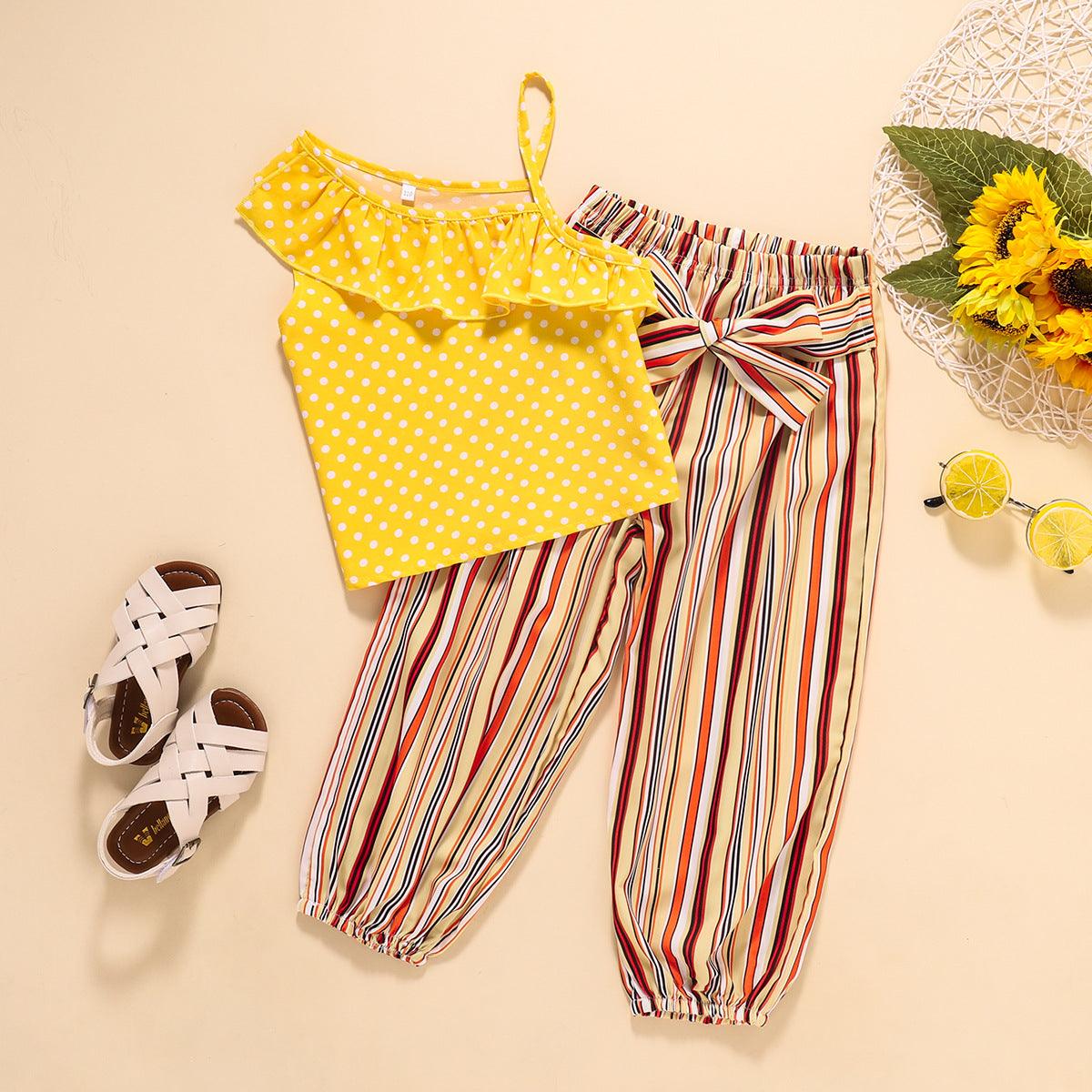 Children Girls' Wave Point Suspender Striped Pants Set - PrettyKid