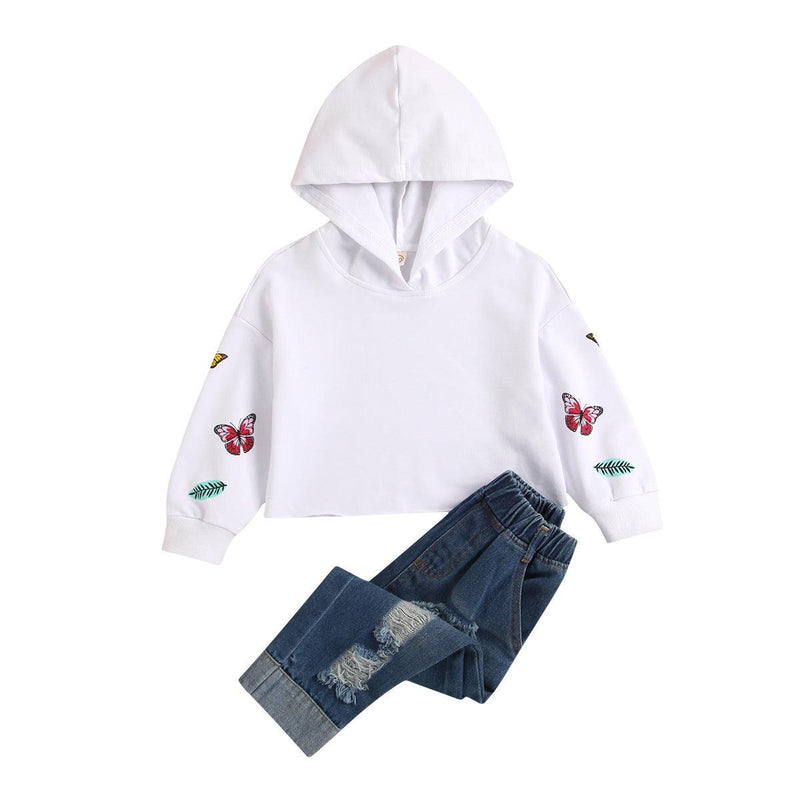 Toddler Kids Girls Long Sleeve Printed Hoodie with Holes Jeans Pants Set - PrettyKid