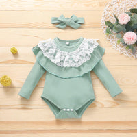 Baby Girls Lace Flounce Collar Lace Long Sleeve Jumpsuit Hair Band Set - PrettyKid