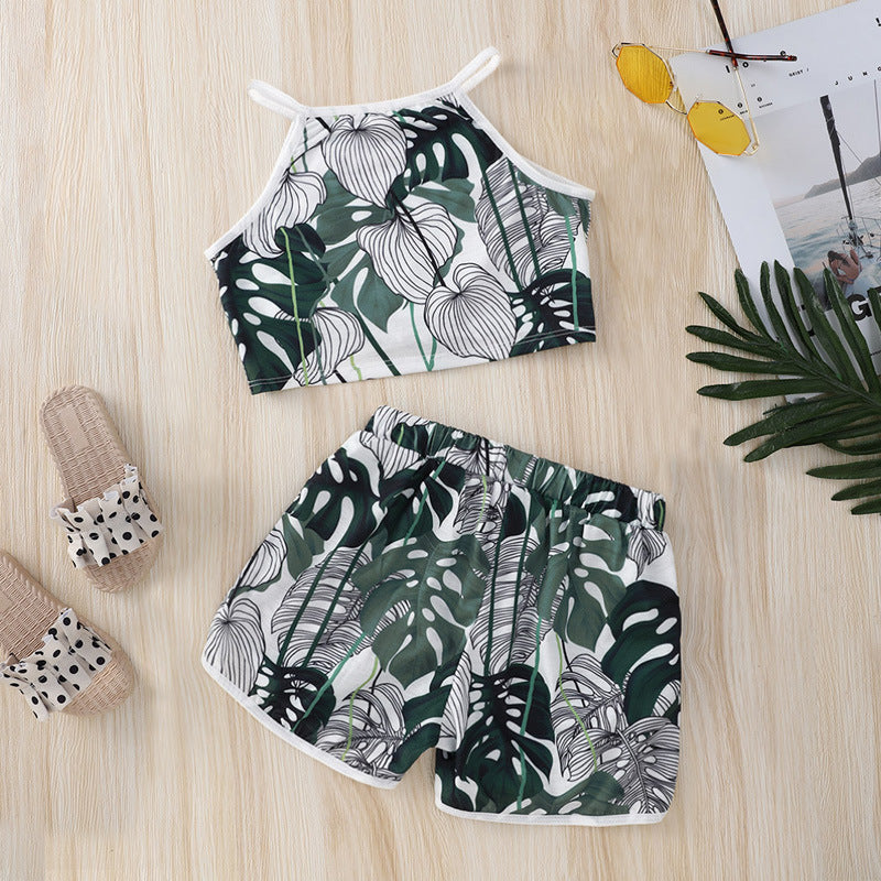 Toddler Kids Girl Plant Printed Suspender Vest Shorts Sportswear - PrettyKid