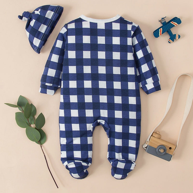Baby Blue and White Plaid Long Sleeve Diagonal Jumpsuit - PrettyKid