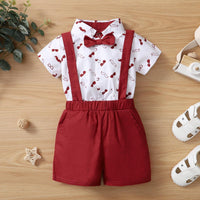 Baby Boys Cartoon Beard Printed Short-sleeved Shirt Solid Color Backpack Pants Bow Tie Set - PrettyKid