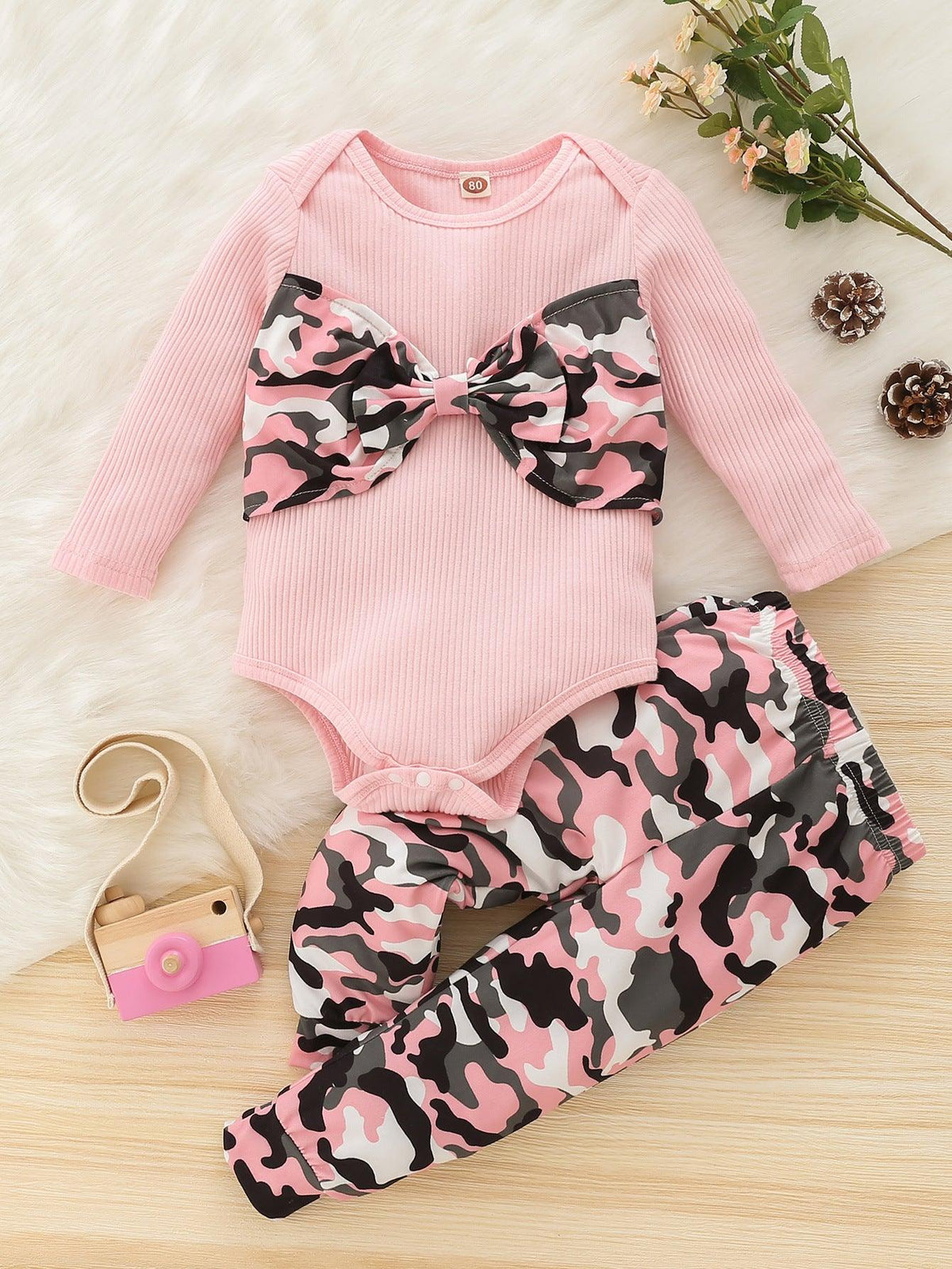 Baby Girls Camouflage Bow Long Sleeve Jumpsuit Pants Set - PrettyKid