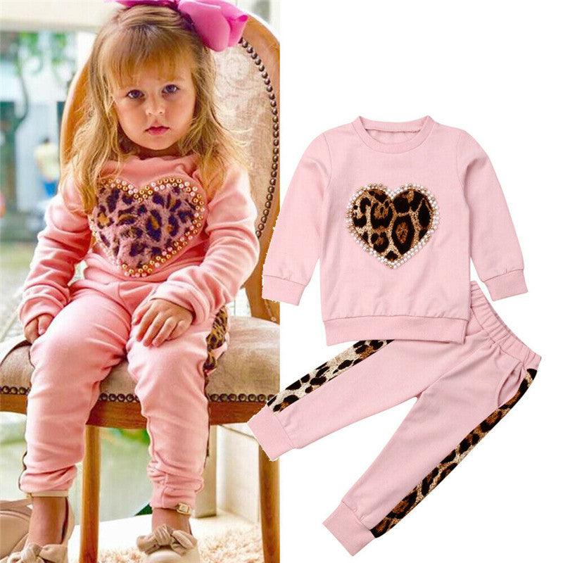 Children Girls Love Leopard Long Sleeved Sweater Pants Set - PrettyKid