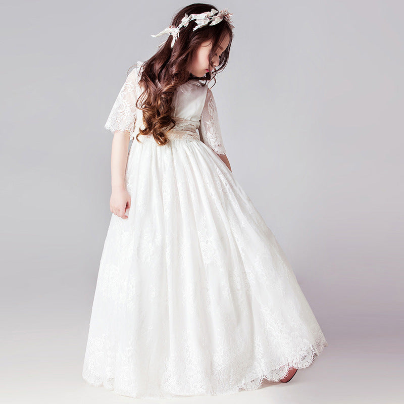 Toddler Kids Girls White Lace Bow Tie Short Sleeved Dress Flower Girl Skirt - PrettyKid
