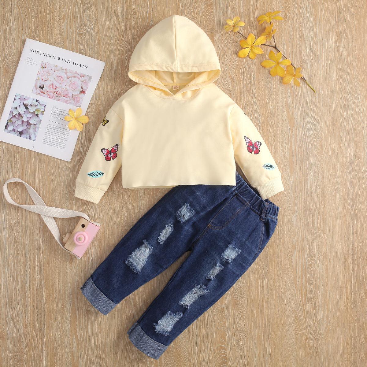 Toddler Kids Girls Long Sleeve Printed Hoodie with Holes Jeans Pants Set - PrettyKid