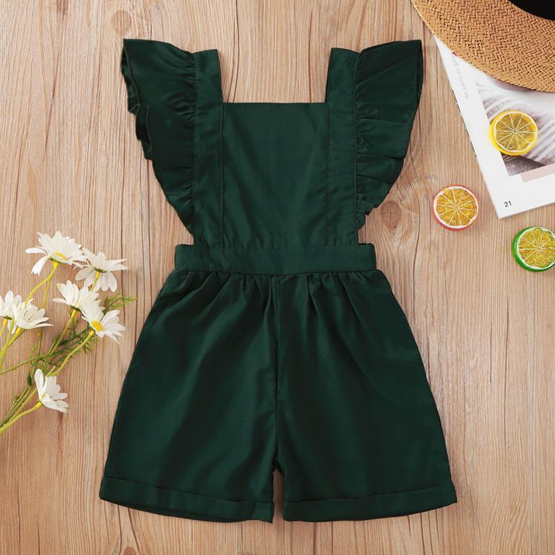 Green Suspenders Flounced Sleeve Shorts Jumpsuit - PrettyKid