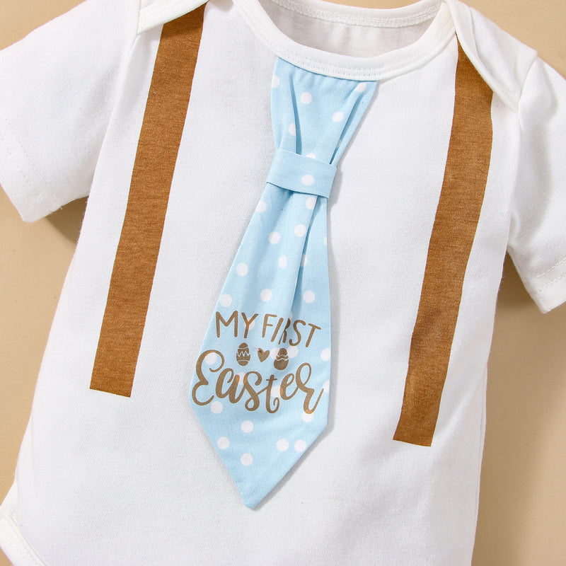 Baby Boys Necktie Printed False Suspender Short Sleeved Jumpsuit Lovely Trousers Hat Set - PrettyKid