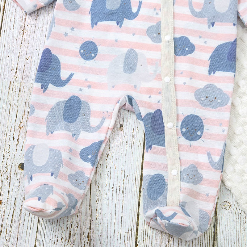 Baby Boys Girls Cartoon Elephant Print Striped Slash Wrapped Feet Jumpsuit - PrettyKid