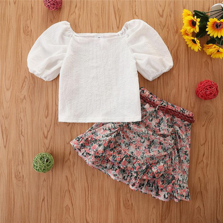 Toddler Kids Girls White Short Sleeve Square Neck T-shirt Floral Skirt Set Wholesale Girls Dresses - PrettyKid