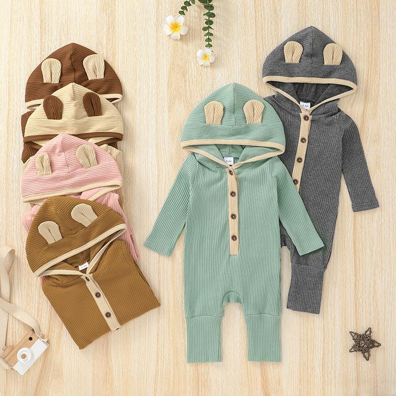 Baby Boys Girls Solid Color Long Sleeved Knitted Hooded Jumpsuit Creeper - PrettyKid