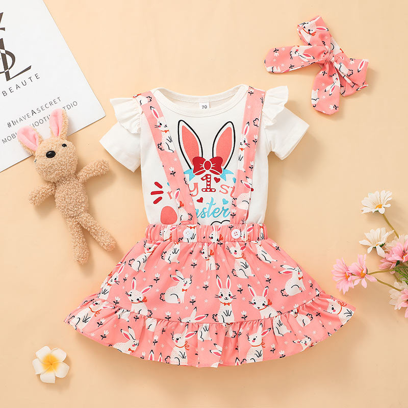 Baby Girl Solid Color Lovely Rabbit Short Sleeve One-piece Dress Printed Suspender Skirt Set - PrettyKid