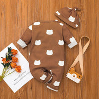 Baby Boys Girls Solid Color Lovely Printed Long Sleeve Jumpsuit Hat Set - PrettyKid