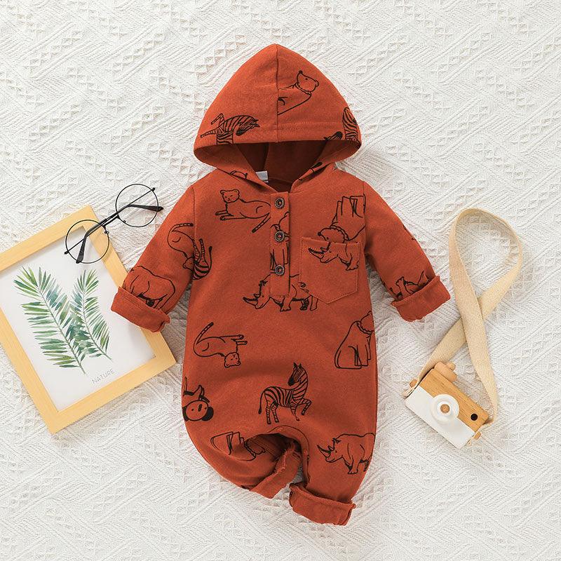 Baby Boys Girls Cartoon Animal Print Solid Color Hooded Long Sleeved Jumpsuit - PrettyKid