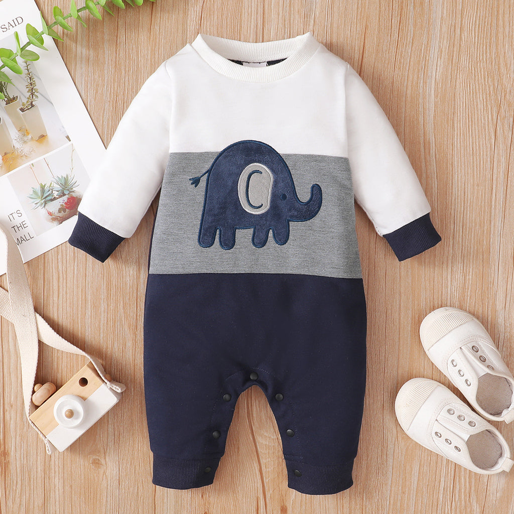 Baby Boys Solid Elephant Print Color Blocking Knitted Jumpsuit - PrettyKid