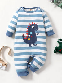 Baby Boys' Long Sleeved Striped Dinosaur Print Jumpsuit - PrettyKid