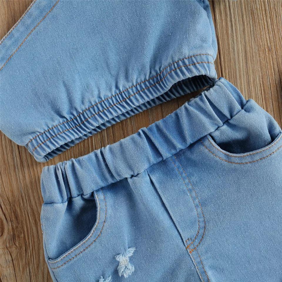 Toddler Kids Girls Diagonal Collar One Shoulder Denim Short Sleeve Suit - PrettyKid