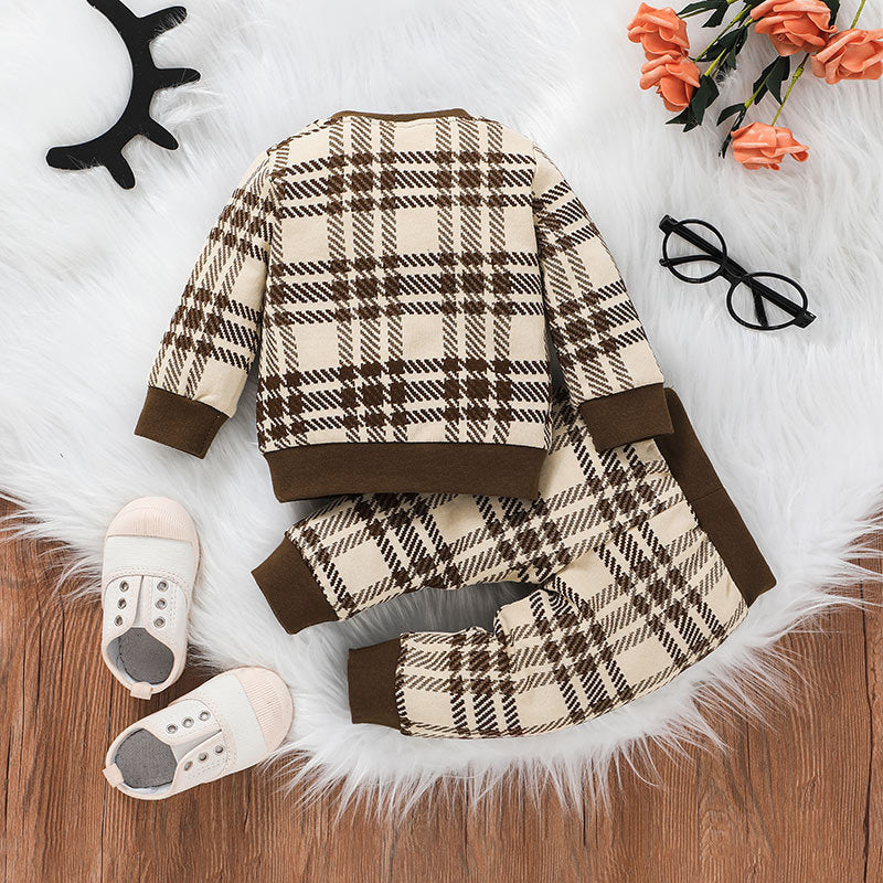 Toddler Kids V-neck Plaid Sweater Two Piece Set - PrettyKid