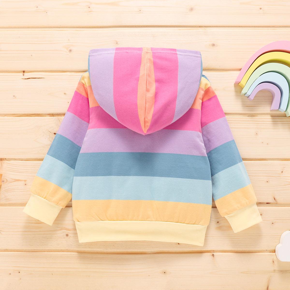 Toddler Kids Children's Rainbow Printed Long Sleeve Hooded Top - PrettyKid